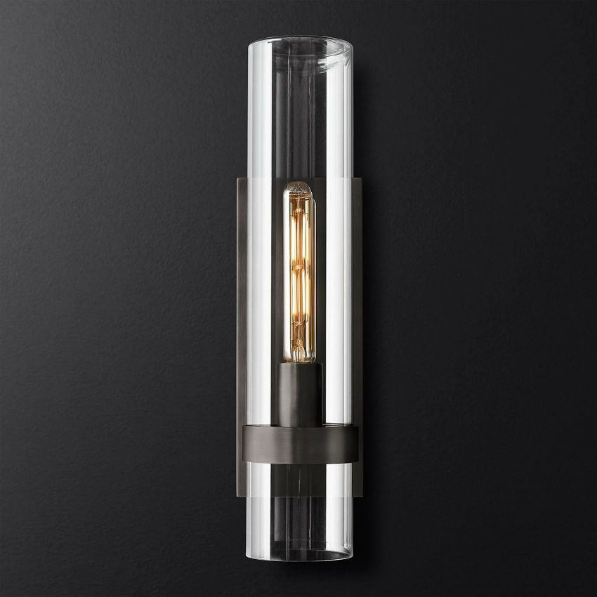 Industrial Glass Cylinder Wall Sconce with Metal Band, Dimmable LED Candle-Style Bulb, Brass & Glass 12-23 in Heights | Thomler