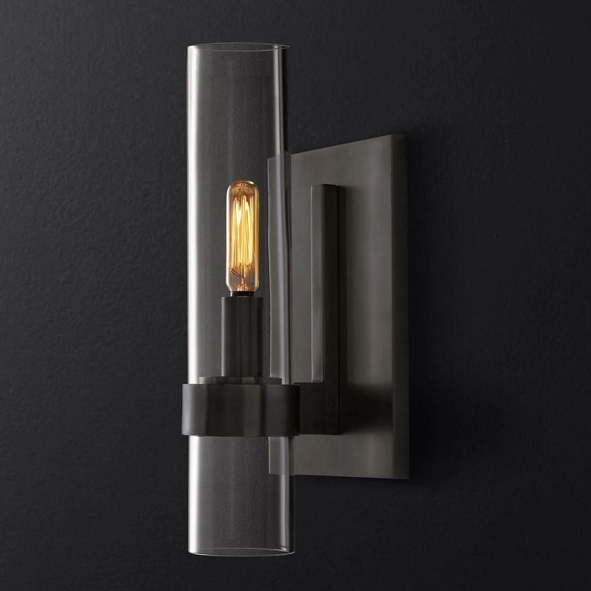 Industrial Glass Cylinder Wall Sconce with Metal Band, Dimmable LED Candle-Style Bulb, Brass & Glass 12-23 in Heights | Thomler