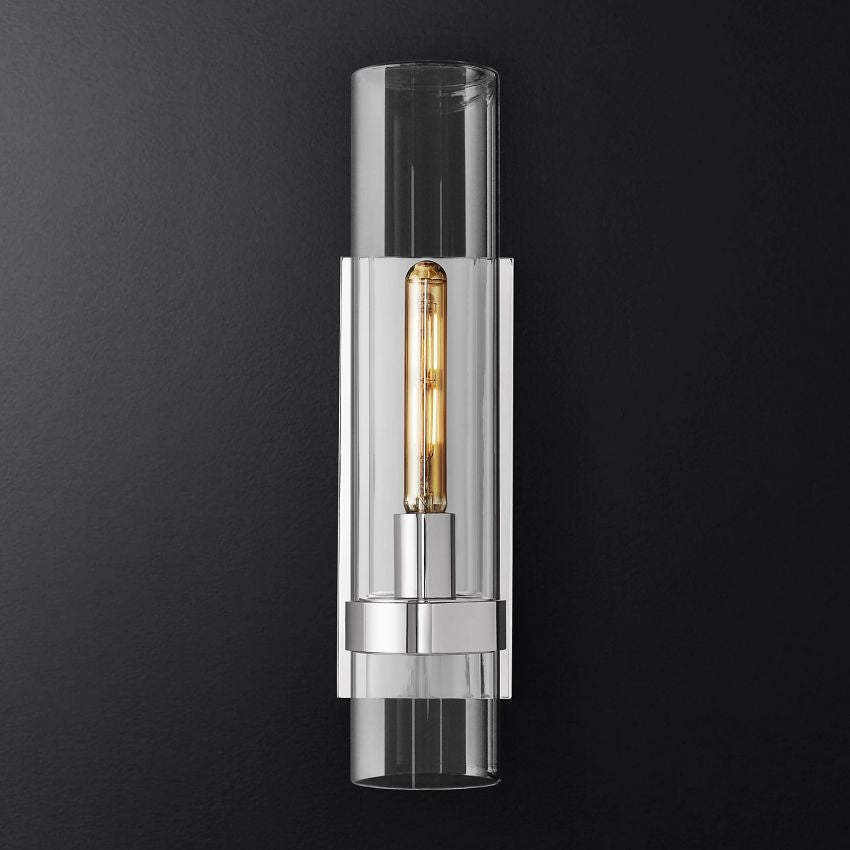 Industrial Glass Cylinder Wall Sconce with Metal Band, Dimmable LED Candle-Style Bulb, Brass & Glass 12-23 in Heights | Thomler