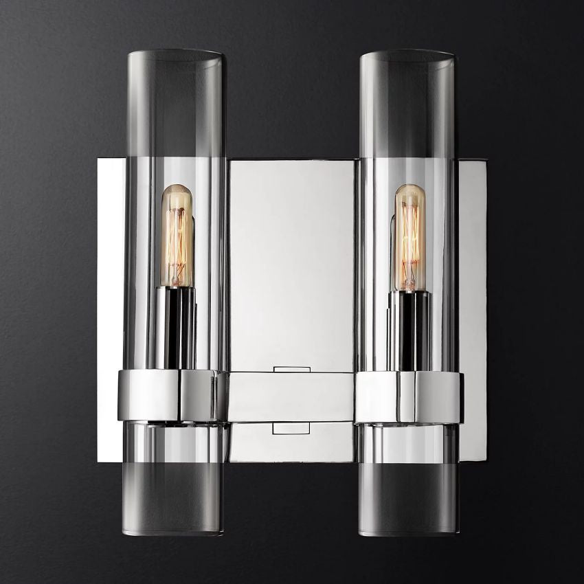 Industrial Glass Cylinder Wall Sconce with Metal Band, Dimmable LED Candle-Style Bulb, Brass & Glass 12-23 in Heights | Thomler