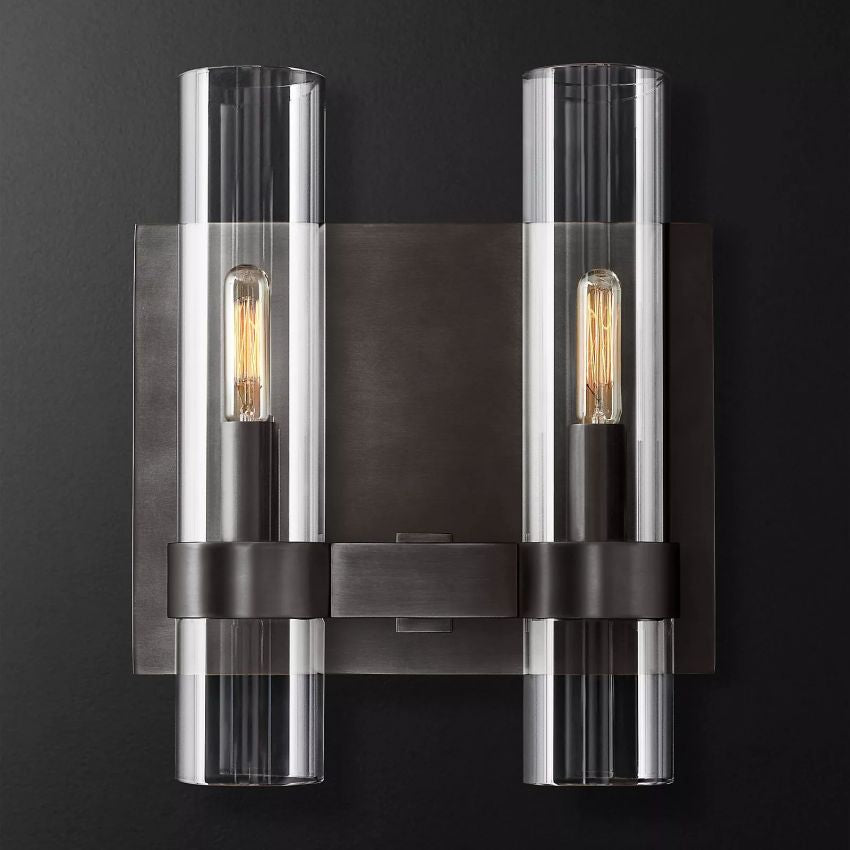 Industrial Glass Cylinder Wall Sconce with Metal Band, Dimmable LED Candle-Style Bulb, Brass & Glass 12-23 in Heights | Thomler