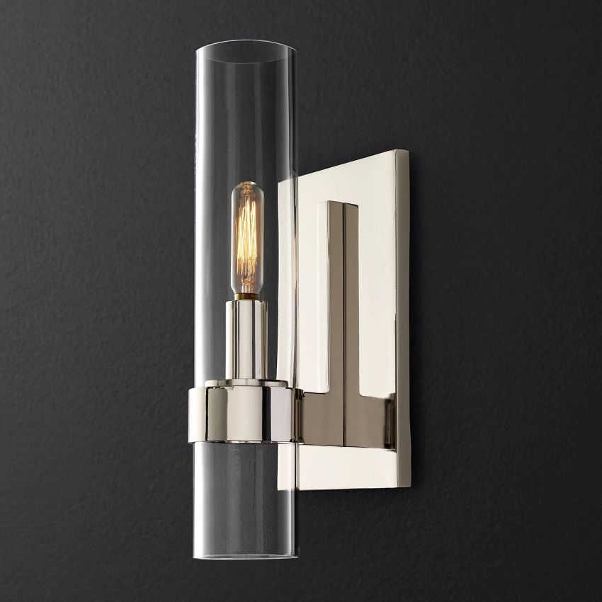 Industrial Glass Cylinder Wall Sconce with Metal Band, Dimmable LED Candle-Style Bulb, Brass & Glass 12-23 in Heights | Thomler
