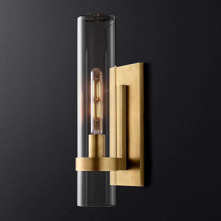 Industrial Glass Cylinder Wall Sconce with Metal Band, Dimmable LED Candle-Style Bulb, Brass & Glass 12-23 in Heights | Thomler