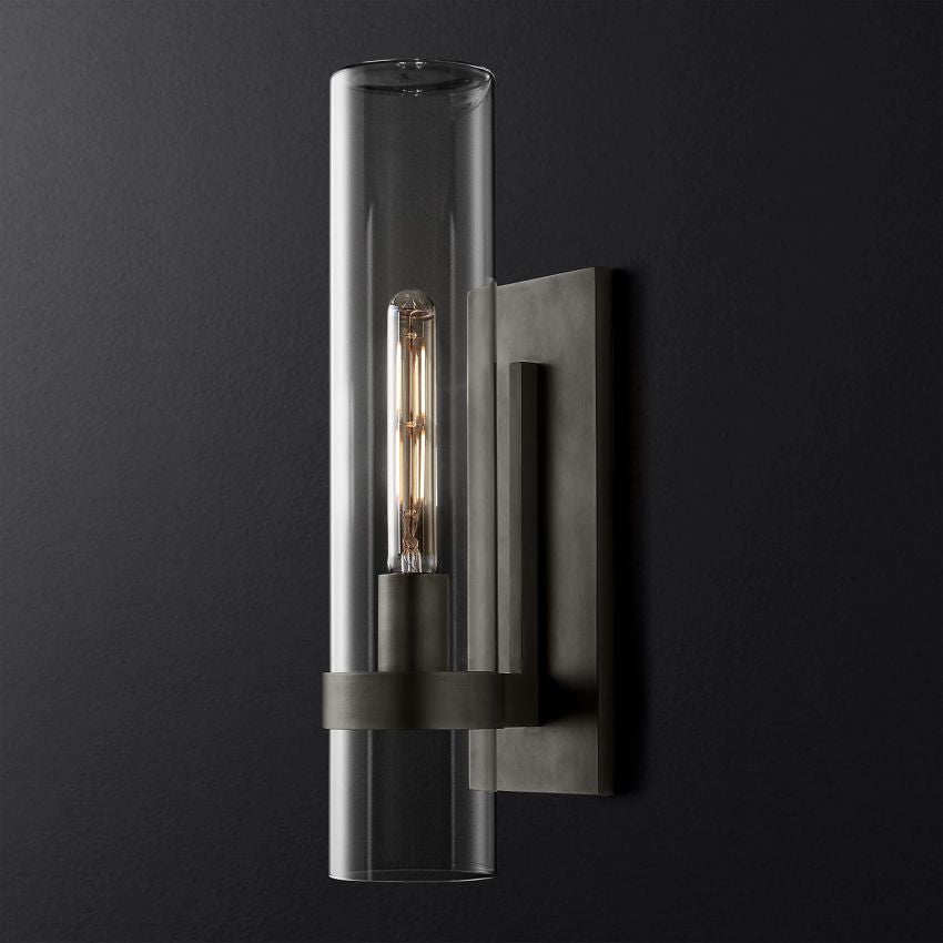 Industrial Glass Cylinder Wall Sconce with Metal Band, Dimmable LED Candle-Style Bulb, Brass & Glass 12-23 in Heights | Thomler