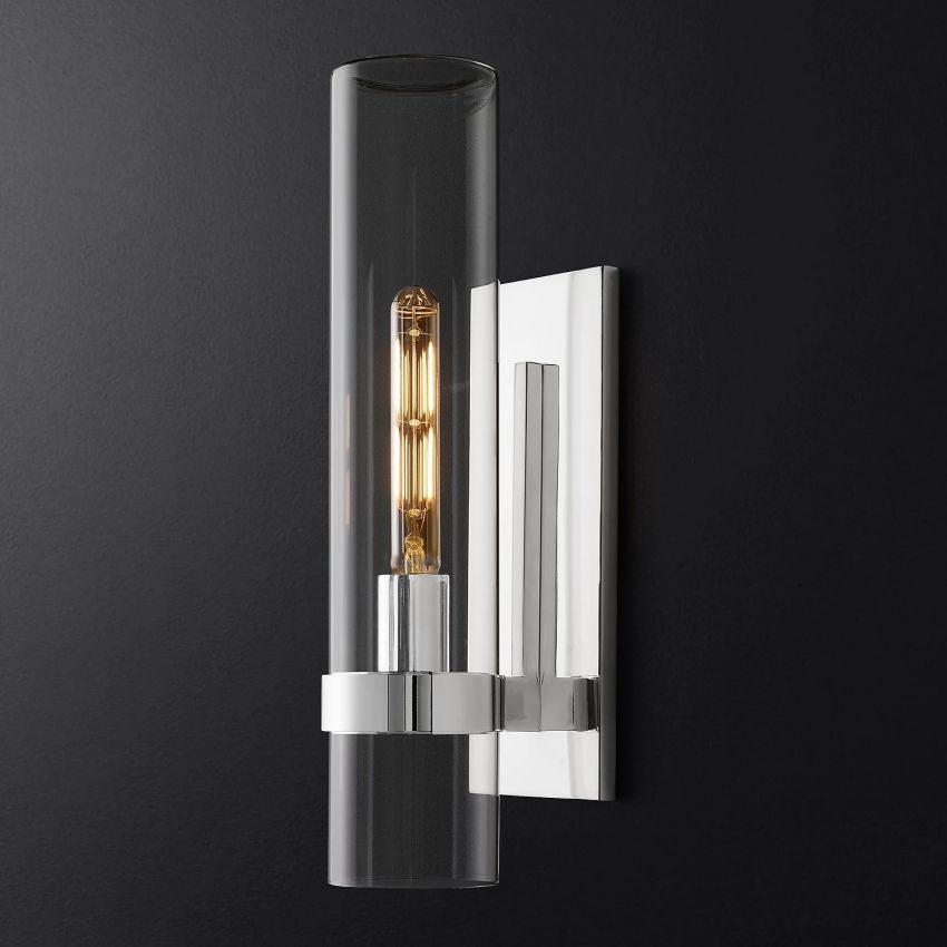 Industrial Glass Cylinder Wall Sconce with Metal Band, Dimmable LED Candle-Style Bulb, Brass & Glass 12-23 in Heights | Thomler