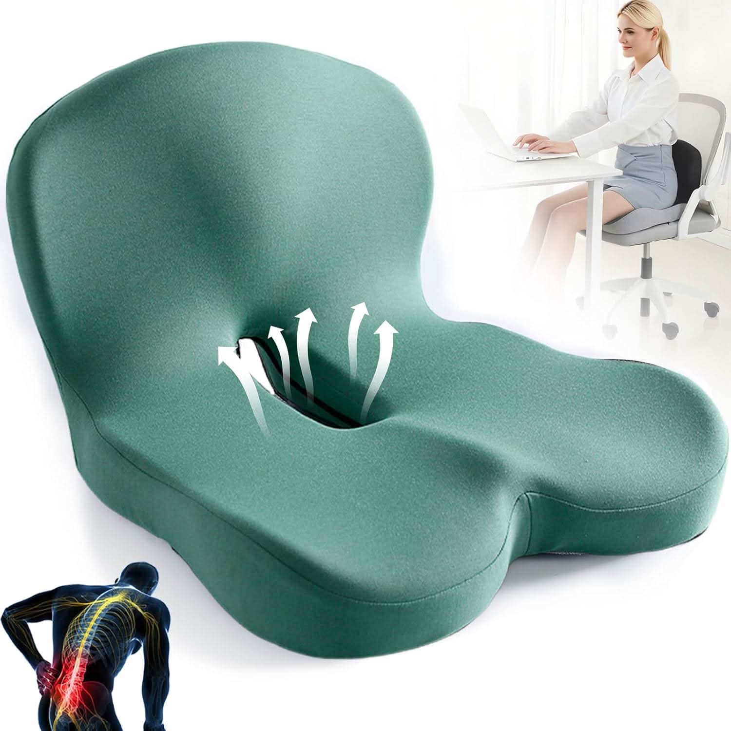 Memory Foam Seat Cushion for Office Chair, Car & Home | Non-Slip Base | Pressure Relief Support for Tailbone, Back & Hips | Portable Everyda | Thomler
