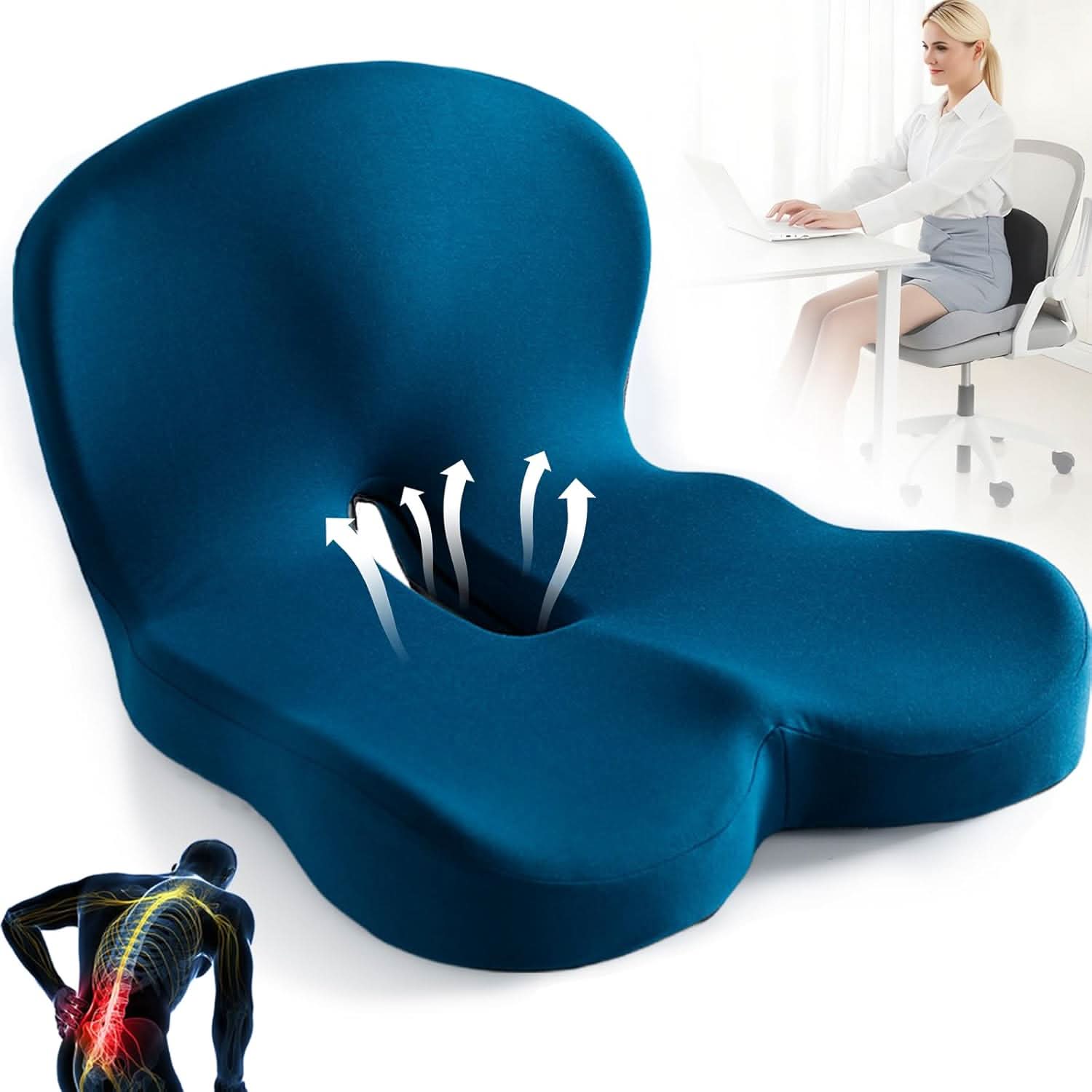 Memory Foam Seat Cushion for Office Chair, Car & Home | Non-Slip Base | Pressure Relief Support for Tailbone, Back & Hips | Portable Everyda | Thomler