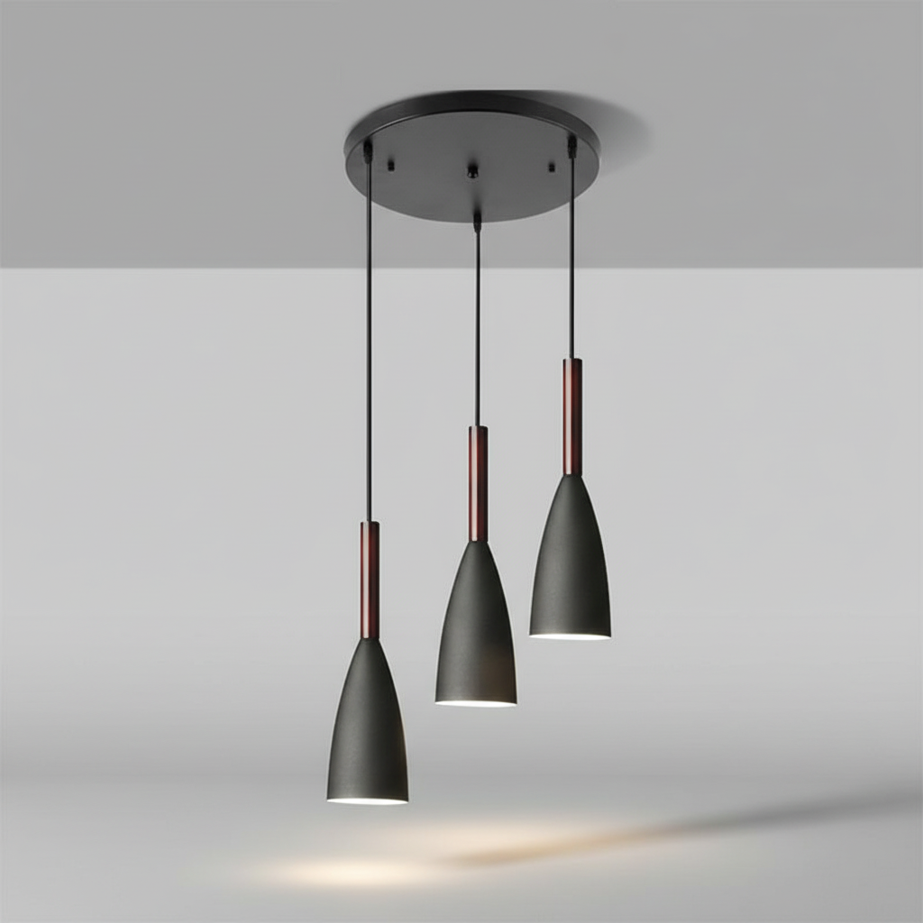Modern Three-Light Fixture with Metal Body & Wood Detail for Dining Room, Kitchen Island | Adjustable Cord Height, Dimmable E27 Socket | Thomler