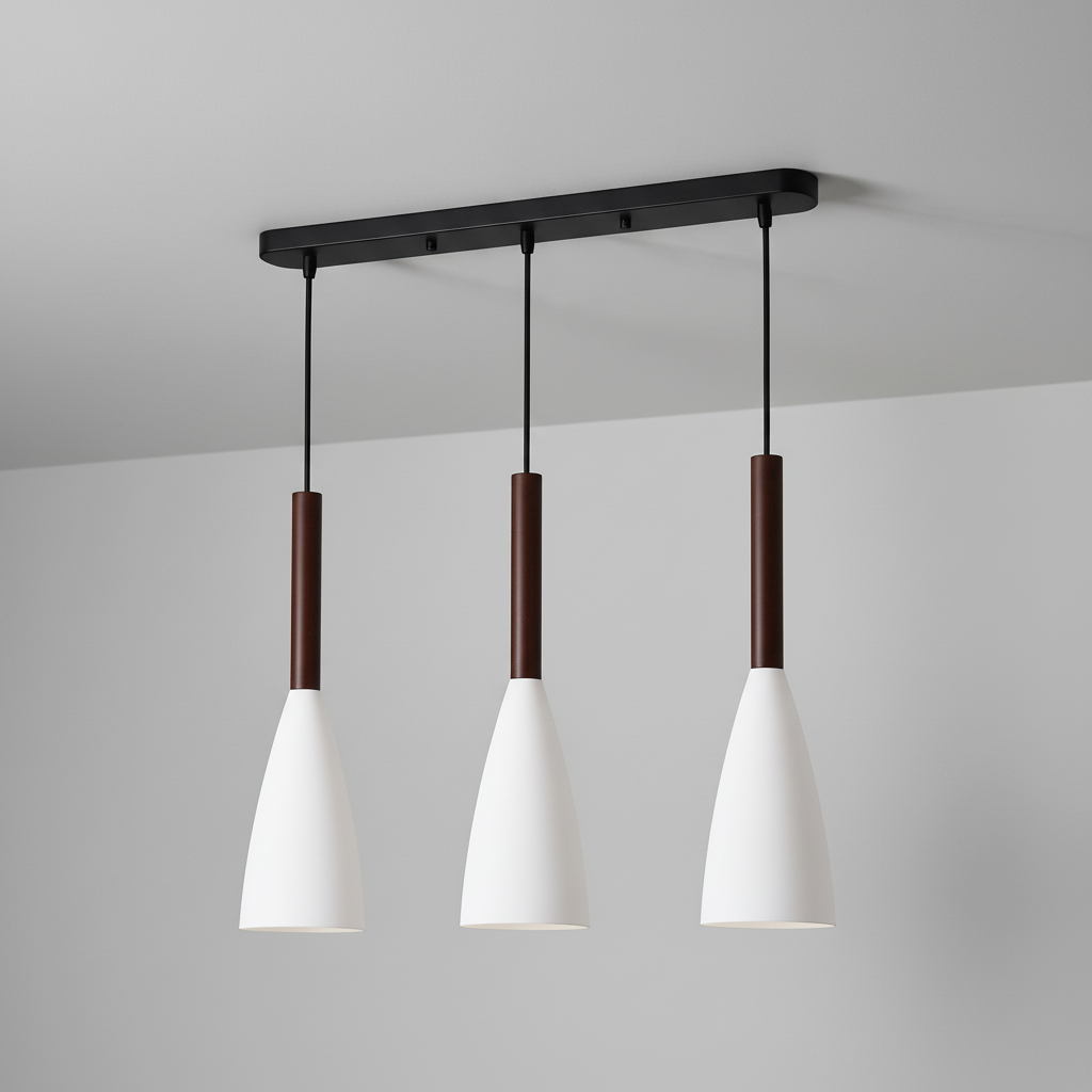 Modern Three-Light Fixture with Metal Body & Wood Detail for Dining Room, Kitchen Island | Adjustable Cord Height, Dimmable E27 Socket | Thomler