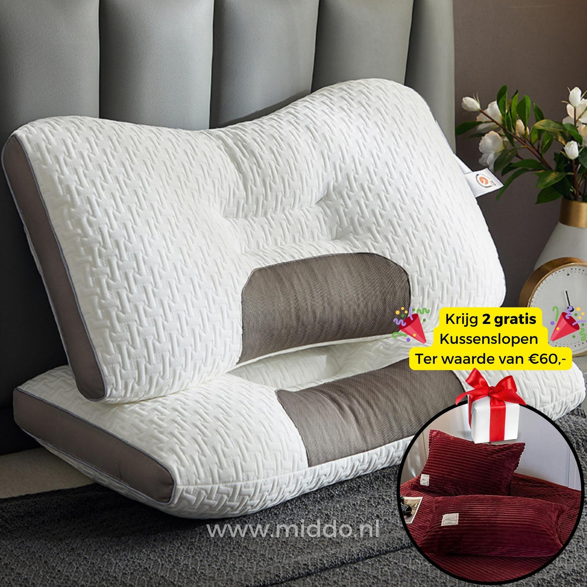 Cervical Support Pillow for Back & Side Sleepers with 2 Free Velvet Covers | Thomler