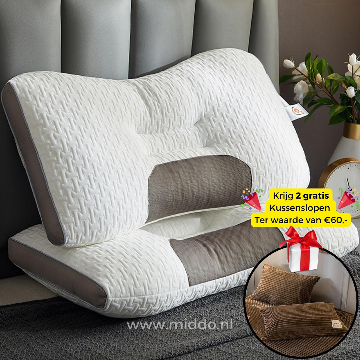Cervical Support Pillow for Back & Side Sleepers with 2 Free Velvet Covers | Thomler