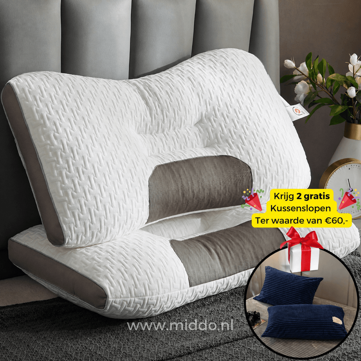 Cervical Support Pillow for Back & Side Sleepers with 2 Free Velvet Covers | Thomler