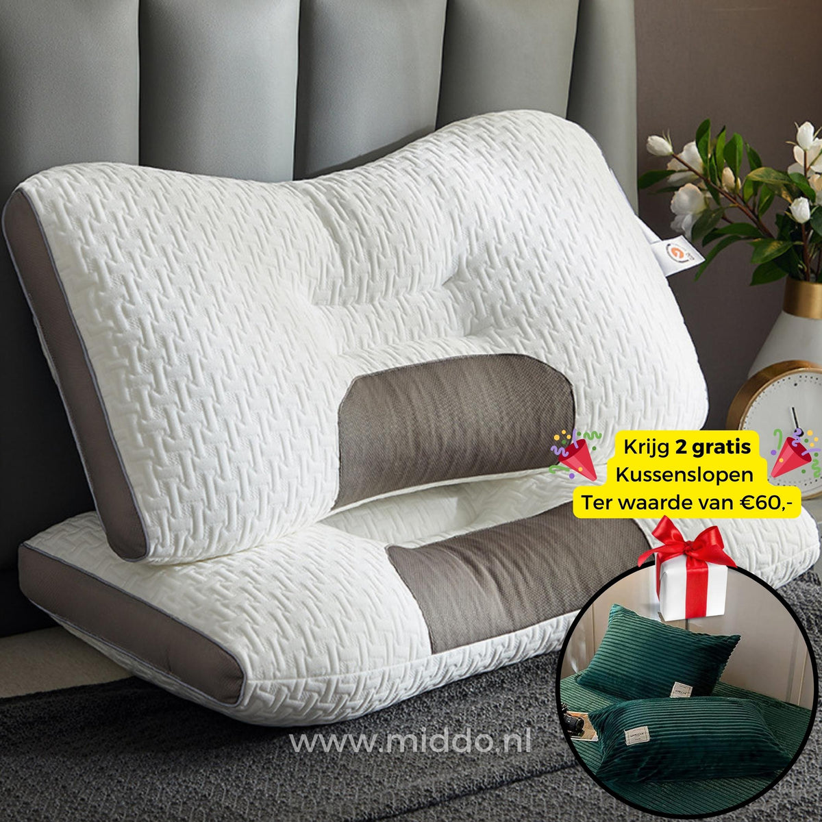 Cervical Support Pillow for Back & Side Sleepers with 2 Free Velvet Covers | Thomler