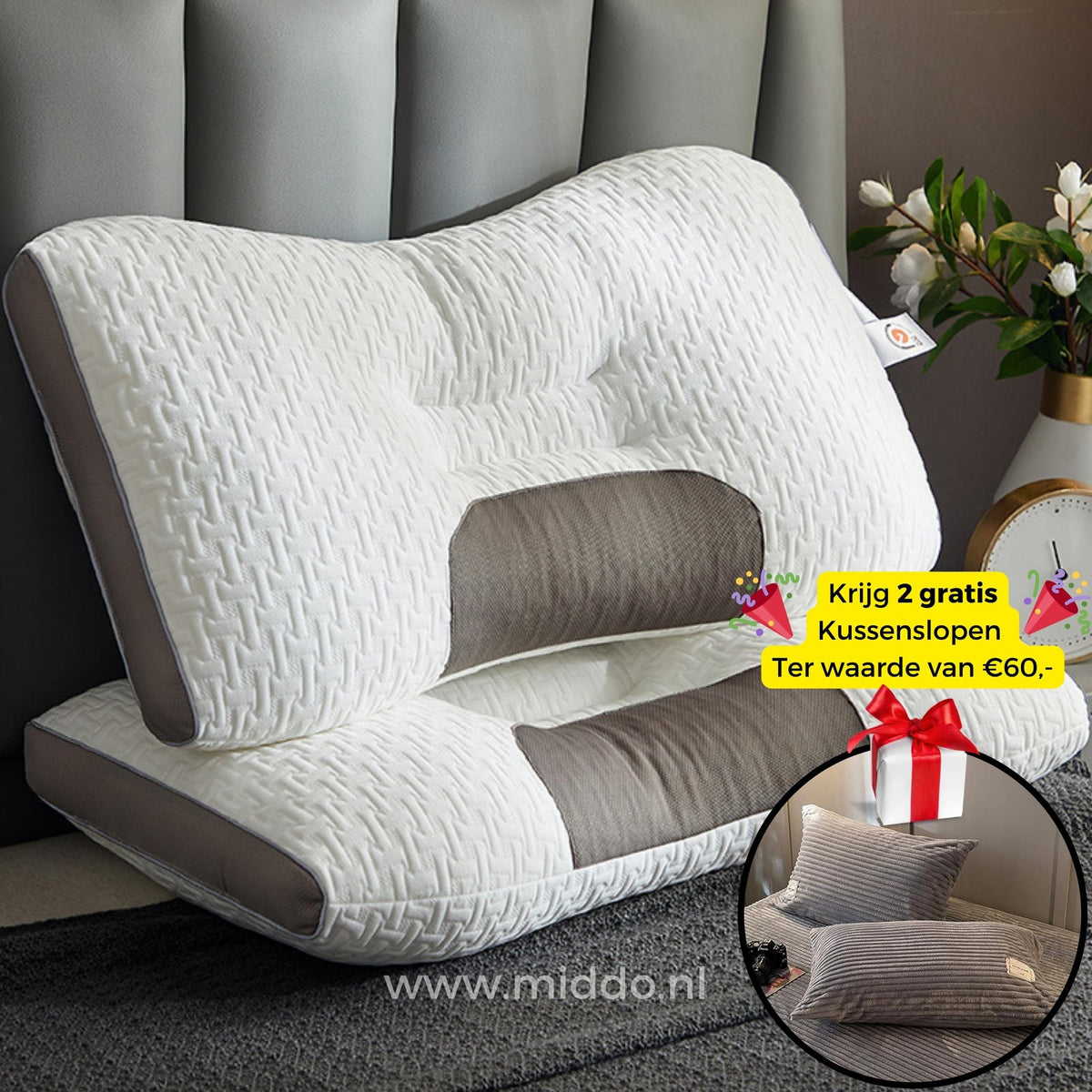 Cervical Support Pillow for Back & Side Sleepers with 2 Free Velvet Covers | Thomler