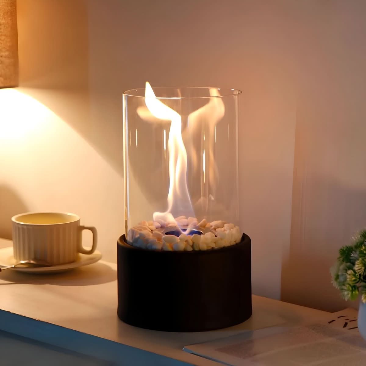 Table Fireplace Glass Metal 10.6 in Bioethanol Indoor Outdoor Decorative Flame Centerpiece Modern Portable Fire Decor | Thomler