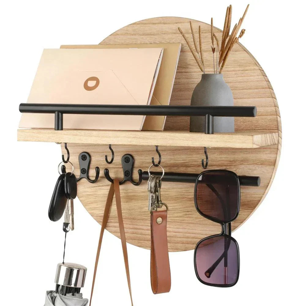 Circular Wood Wall Key Organizer with Shelf & Hooks for Entryway – Natural Finish, Multi-Hook Design for Keys, Accessories & Small Decor | Thomler
