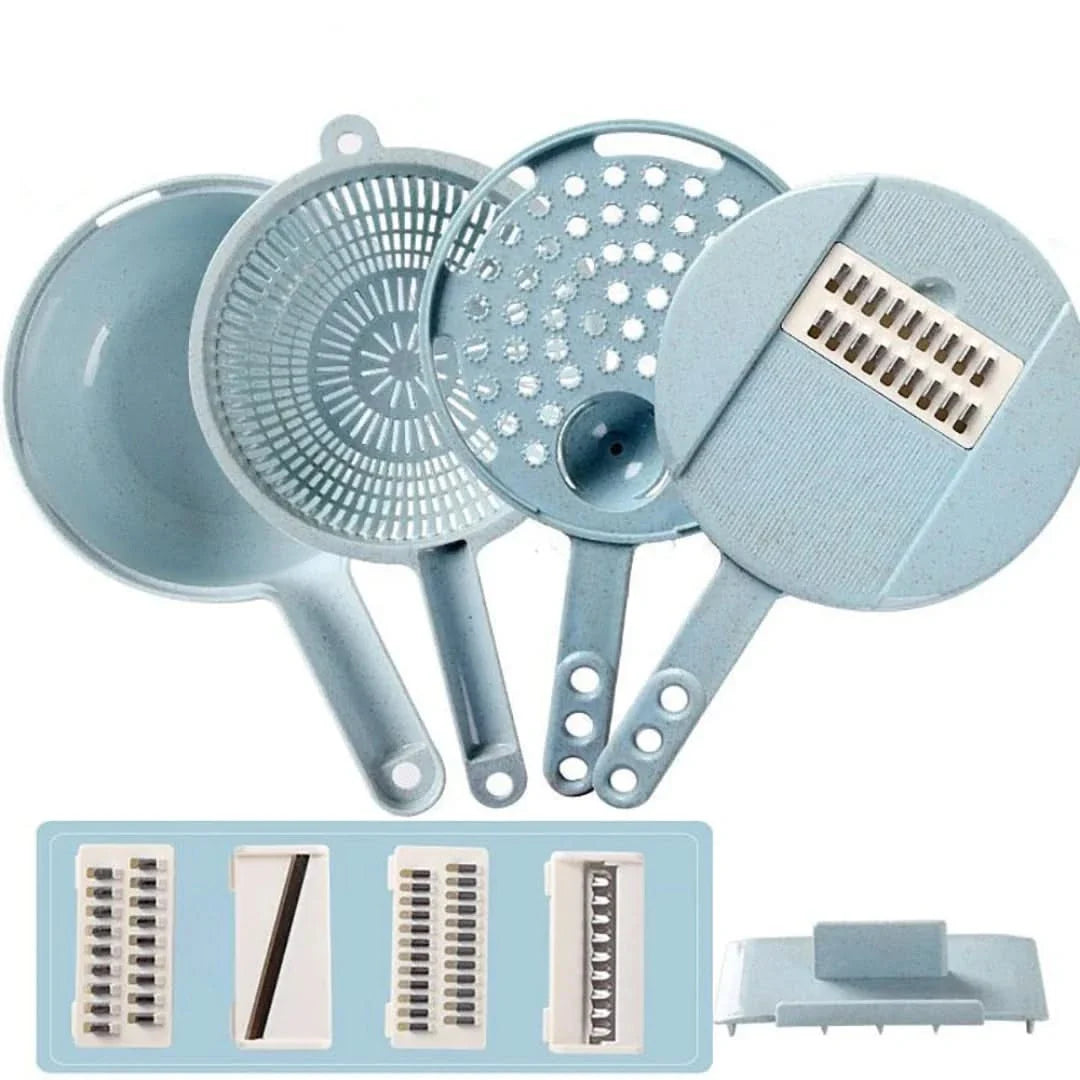 Multi-Blade Produce Chopper with Drain Bowl – 8 Interchangeable Cutters, Colander Base & Storage Container for Vegetable Prep, Salads | Thomler
