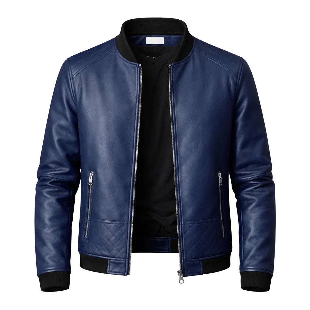 Men's Zippered Motorcycle Jacket in Genuine Leather with Athletic Collar & Tailored Fit | Thomler