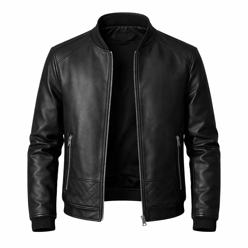 Men's Zippered Motorcycle Jacket in Genuine Leather with Athletic Collar & Tailored Fit | Thomler