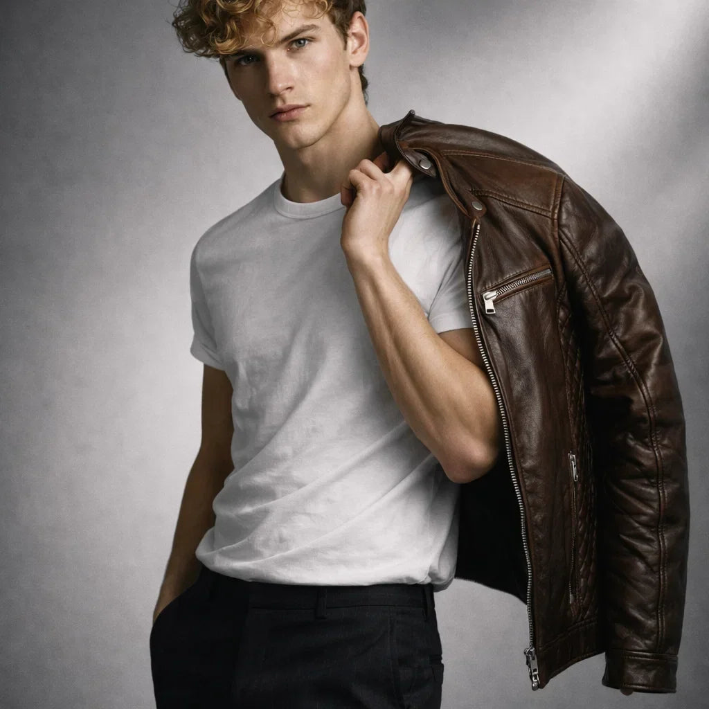 Men's Moto-Style Leather Zip-Up with Upright Neckline & Dual Chest Pockets – Tailored Urban Fit | Thomler