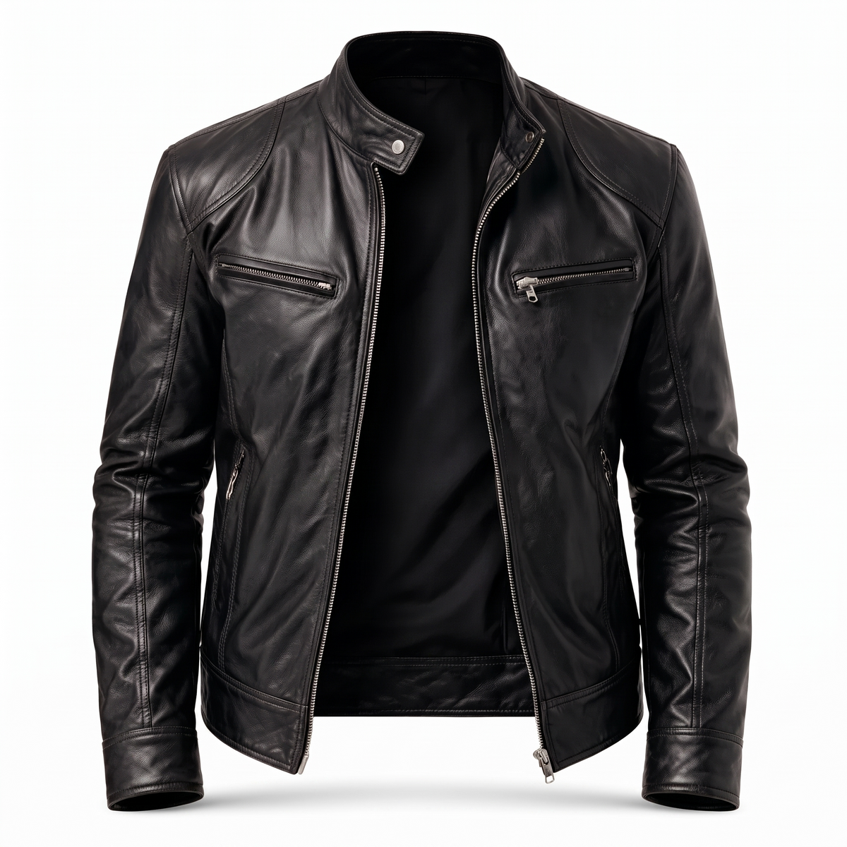 Men's Moto-Style Leather Zip-Up with Upright Neckline & Dual Chest Pockets – Tailored Urban Fit | Thomler