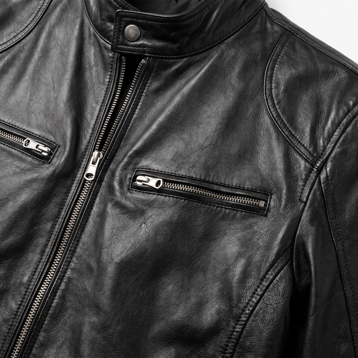 Men's Moto-Style Leather Zip-Up with Upright Neckline & Dual Chest Pockets – Tailored Urban Fit | Thomler