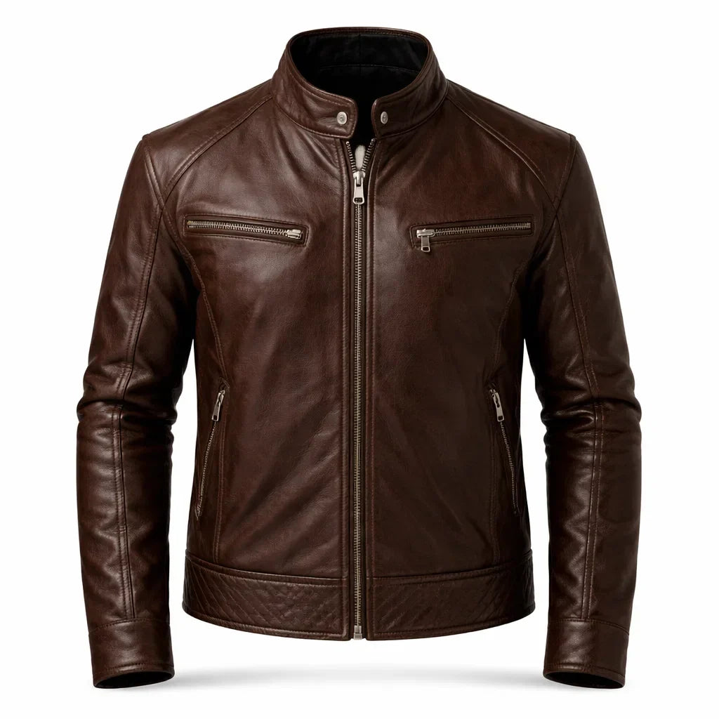 Men's Moto-Style Leather Zip-Up with Upright Neckline & Dual Chest Pockets – Tailored Urban Fit | Thomler
