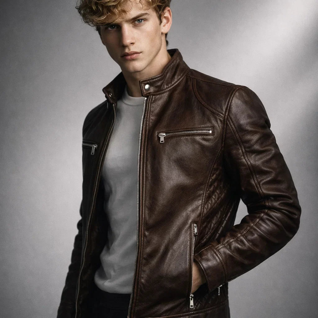 Men's Moto-Style Leather Zip-Up with Upright Neckline & Dual Chest Pockets – Tailored Urban Fit | Thomler