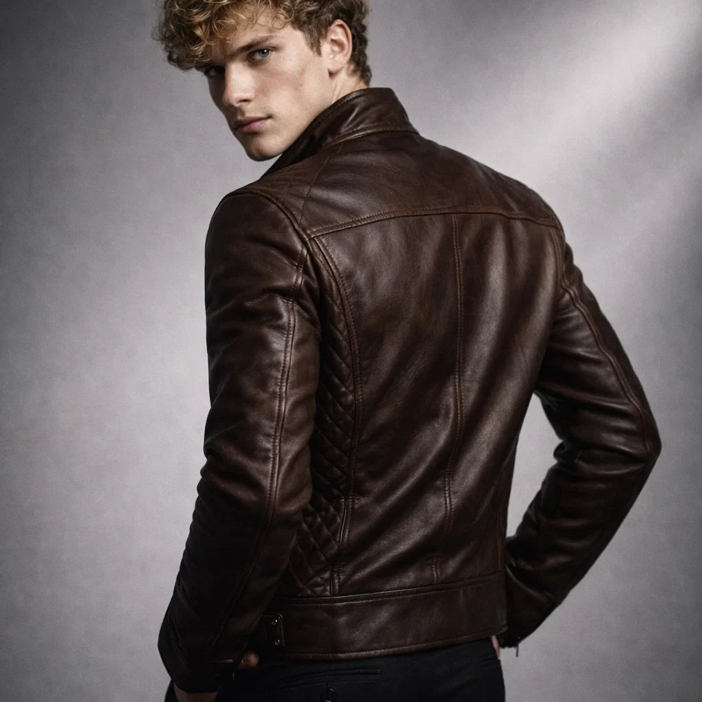 Men's Moto-Style Leather Zip-Up with Upright Neckline & Dual Chest Pockets – Tailored Urban Fit | Thomler