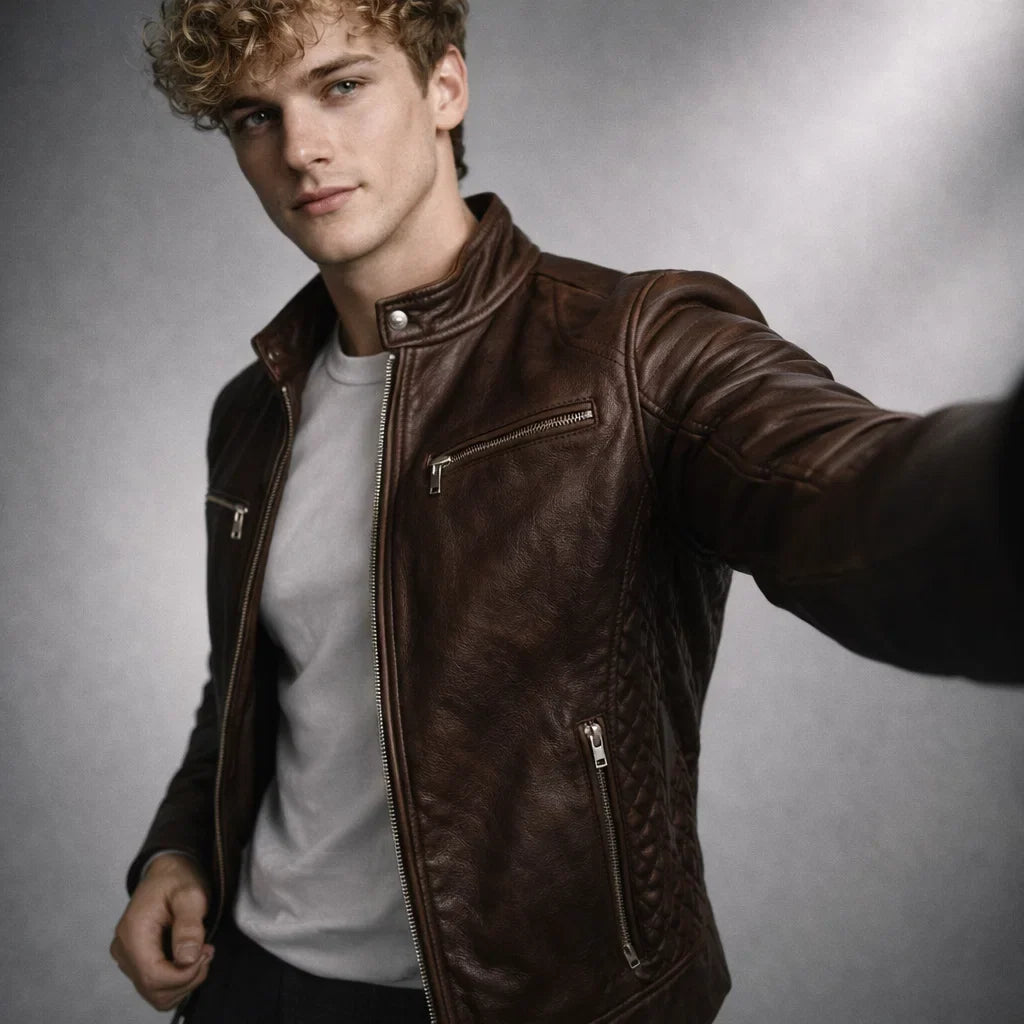 Men's Moto-Style Leather Zip-Up with Upright Neckline & Dual Chest Pockets – Tailored Urban Fit | Thomler