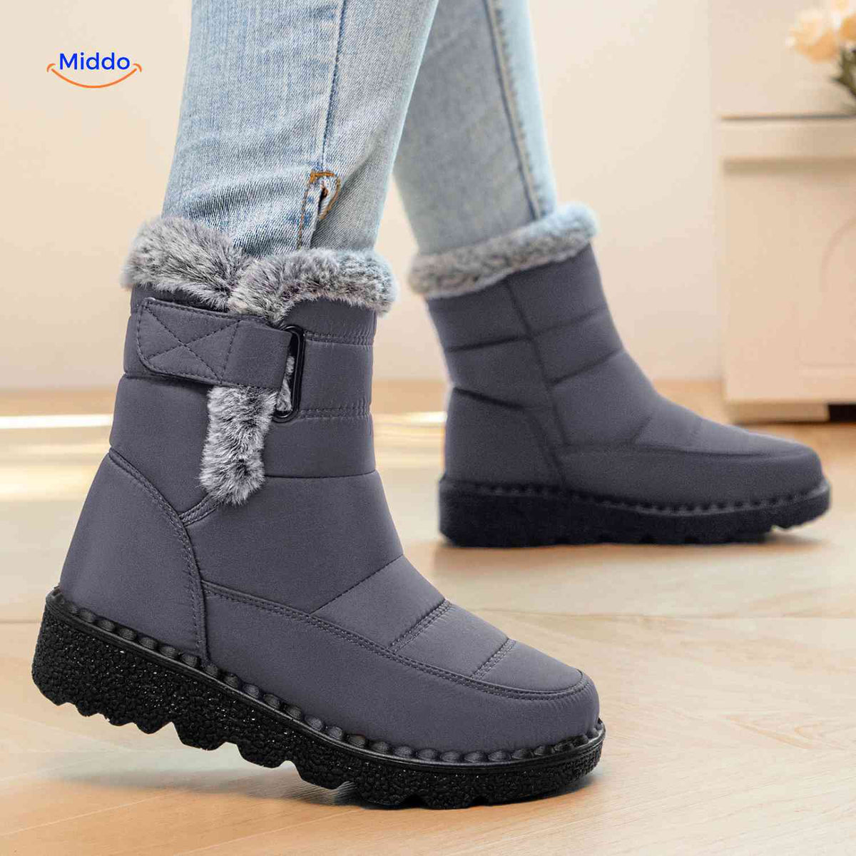 Faux Fur-Lined Ankle Boots with Traction Sole – Winter-Ready Women's Footwear for Snow & Ice | Thomler