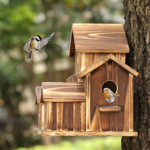Birdhouse Wooden 20.0 cm 6 Chamber Hanging Garden Nesting Box Rustic Outdoor Bird Shelter Decor | Thomler
