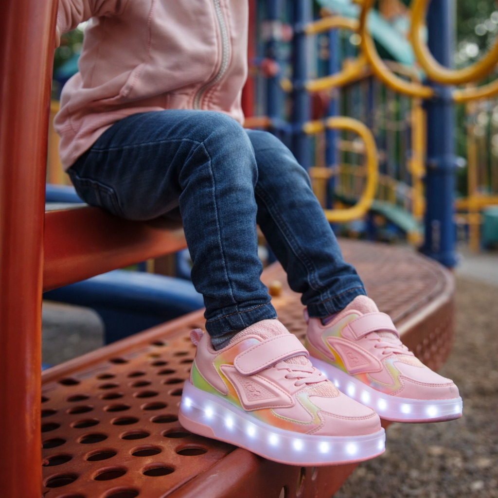Wheeled Shoes Synthetic LED Light Up Pink Children Outdoor Play Roller Sneakers Velcro Everyday Party Footwear | Thomler