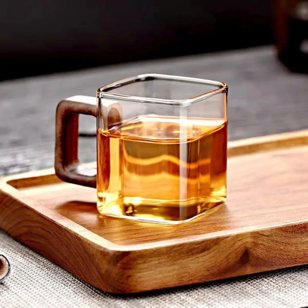 Glass Mug Borosilicate 90 ml Walnut Handle Espresso Tea Square Coffee Cup Minimalist Drinkware Kitchen Serving | Thomler
