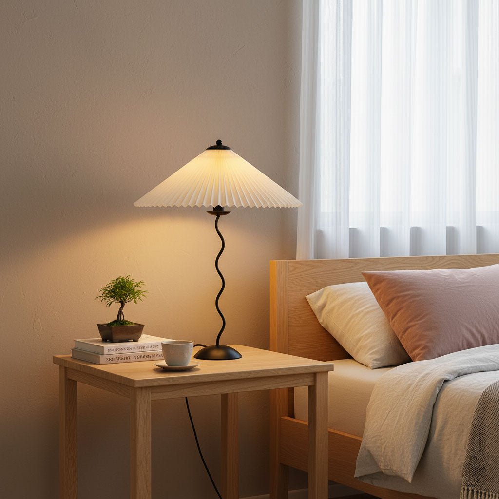 Metal Table Lamp 16.9 in Pleated Fabric Shade Curved Base Bedroom Living Room Nordic Minimalist Desk Lighting | Thomler