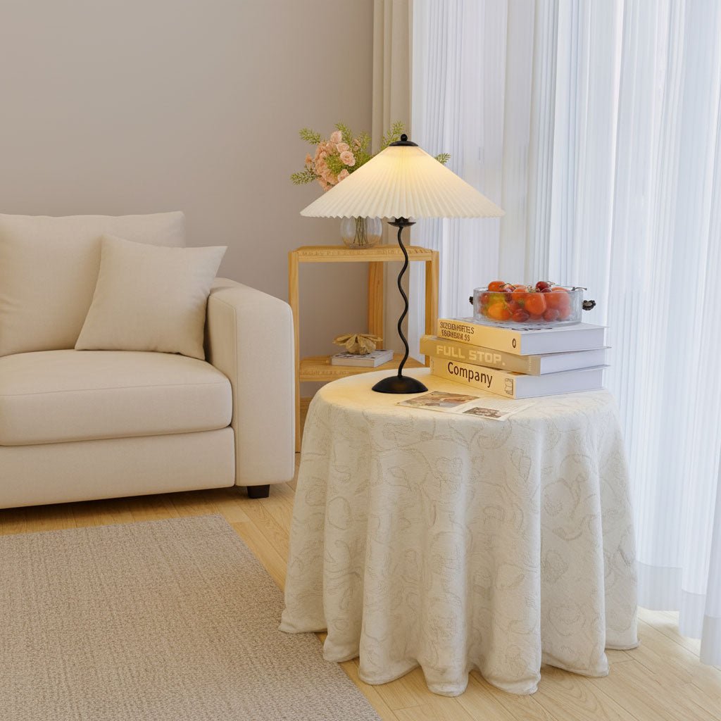 Metal Table Lamp 16.9 in Pleated Fabric Shade Curved Base Bedroom Living Room Nordic Minimalist Desk Lighting | Thomler