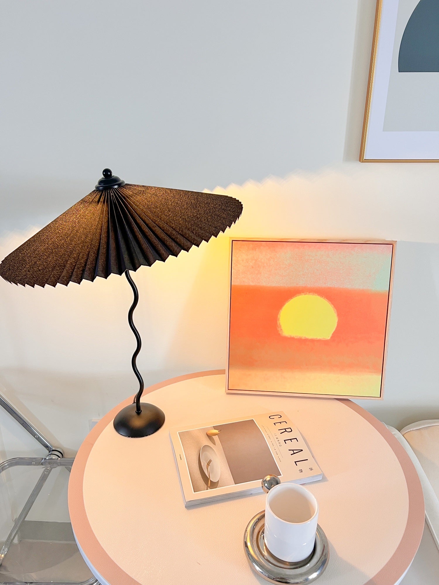 Metal Table Lamp 16.9 in Pleated Fabric Shade Curved Base Bedroom Living Room Nordic Minimalist Desk Lighting | Thomler