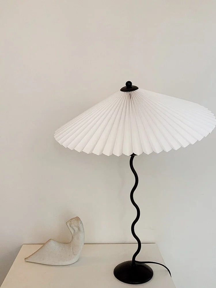 Metal Table Lamp 16.9 in Pleated Fabric Shade Curved Base Bedroom Living Room Nordic Minimalist Desk Lighting | Thomler