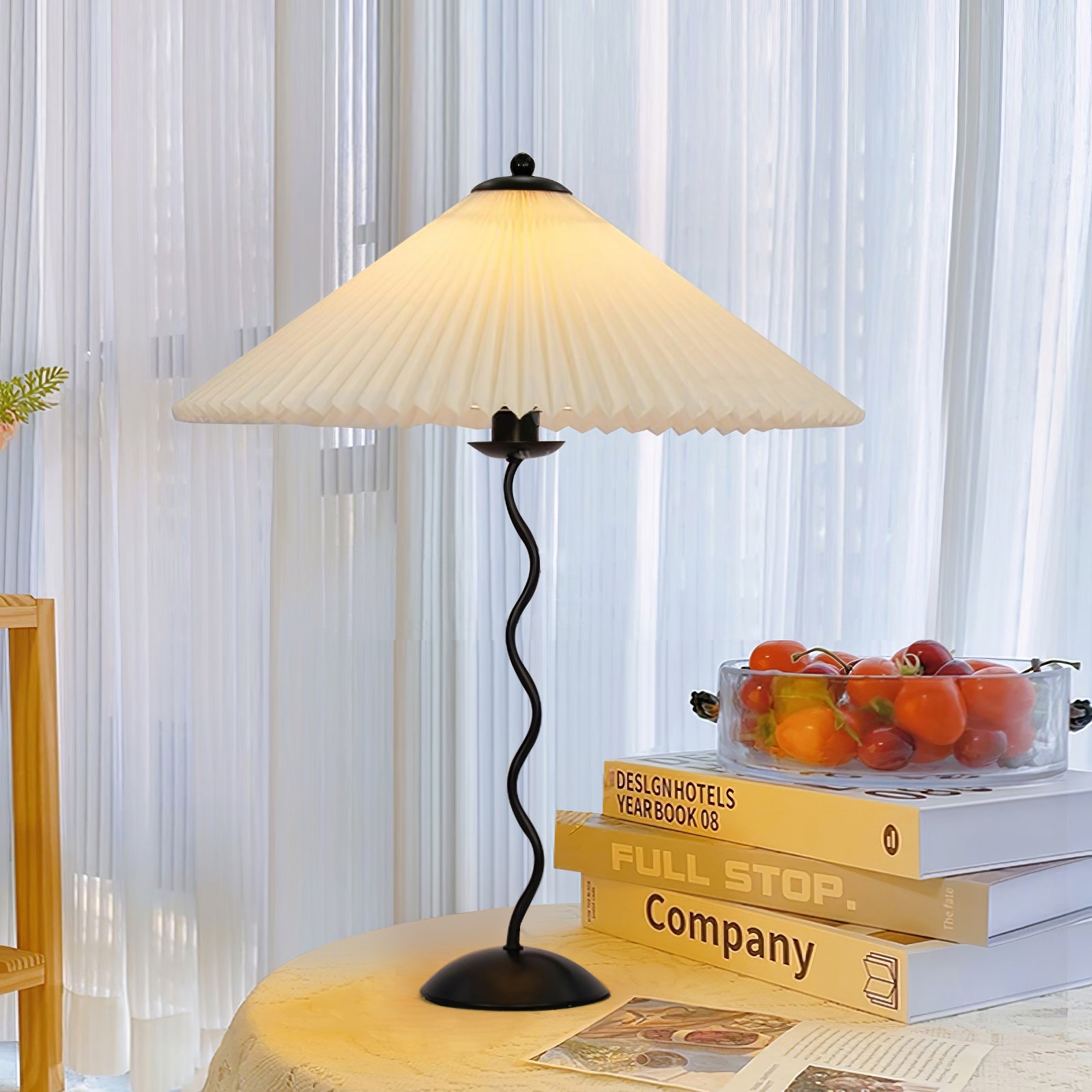 Metal Table Lamp 16.9 in Pleated Fabric Shade Curved Base Bedroom Living Room Nordic Minimalist Desk Lighting | Thomler
