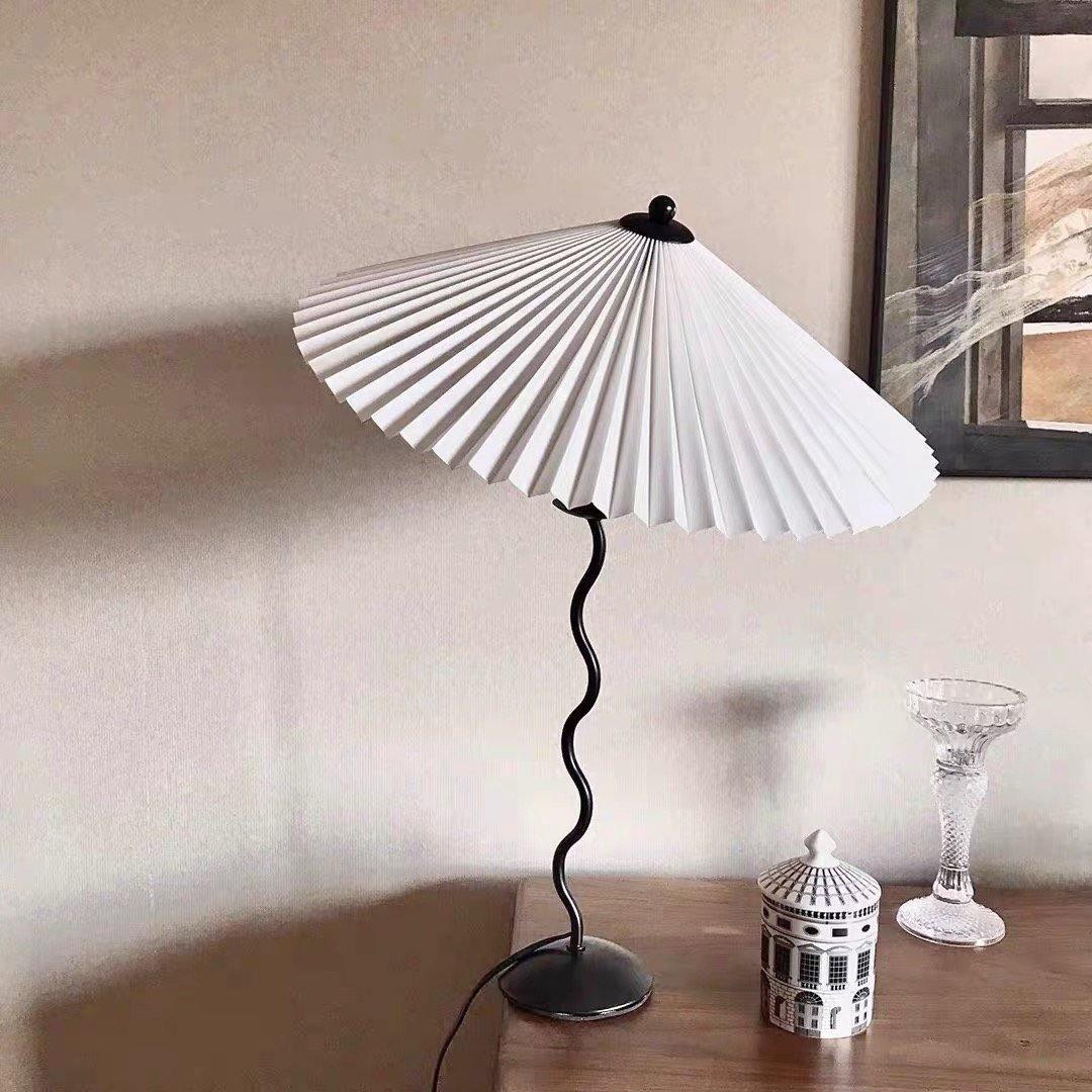 Metal Table Lamp 16.9 in Pleated Fabric Shade Curved Base Bedroom Living Room Nordic Minimalist Desk Lighting | Thomler