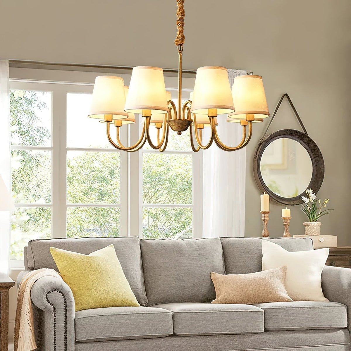 Classic Brass & Fabric Multi-Arm Hanging Fixture for Dining Room, Foyer & Living Space | Thomler