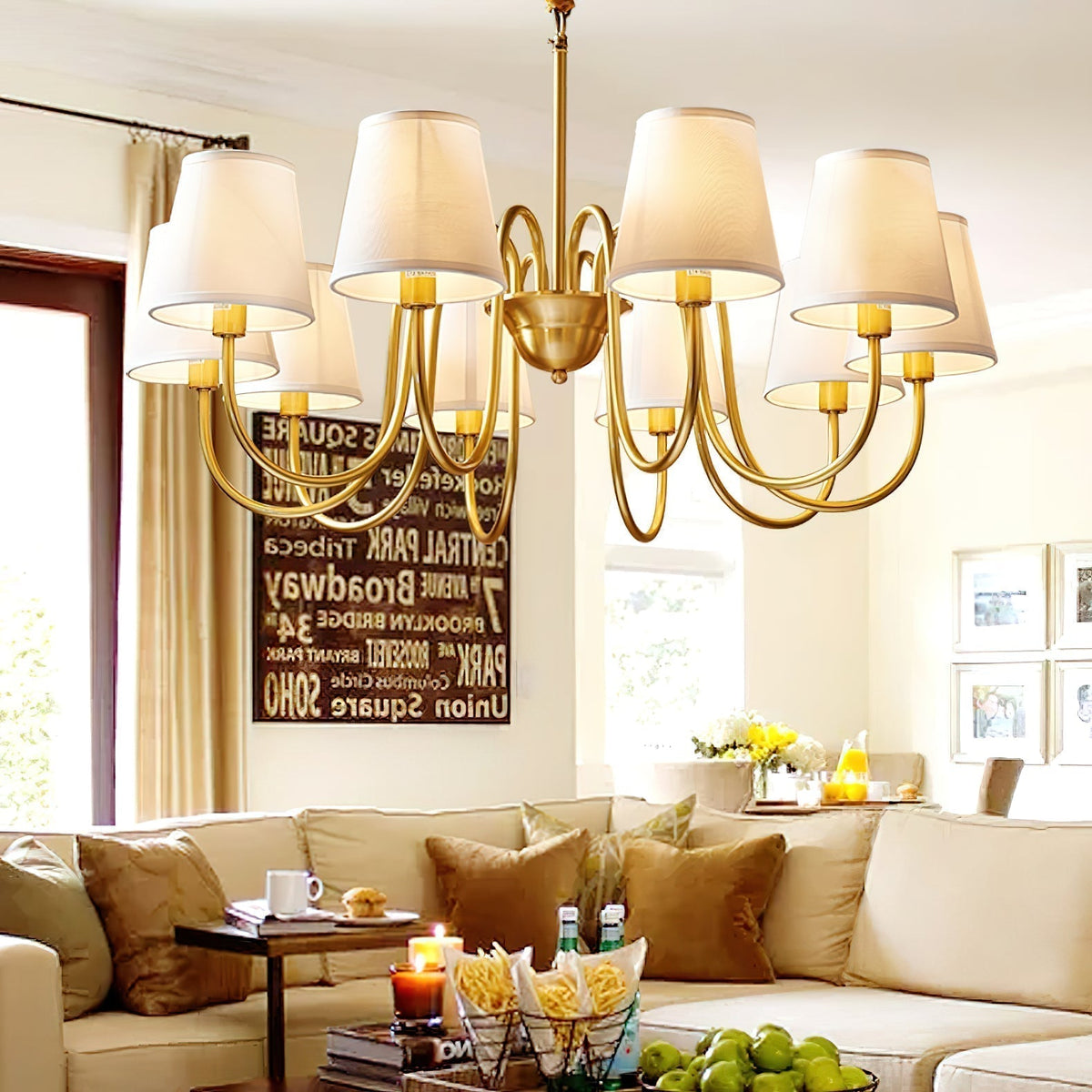 Classic Brass & Fabric Multi-Arm Hanging Fixture for Dining Room, Foyer & Living Space | Thomler