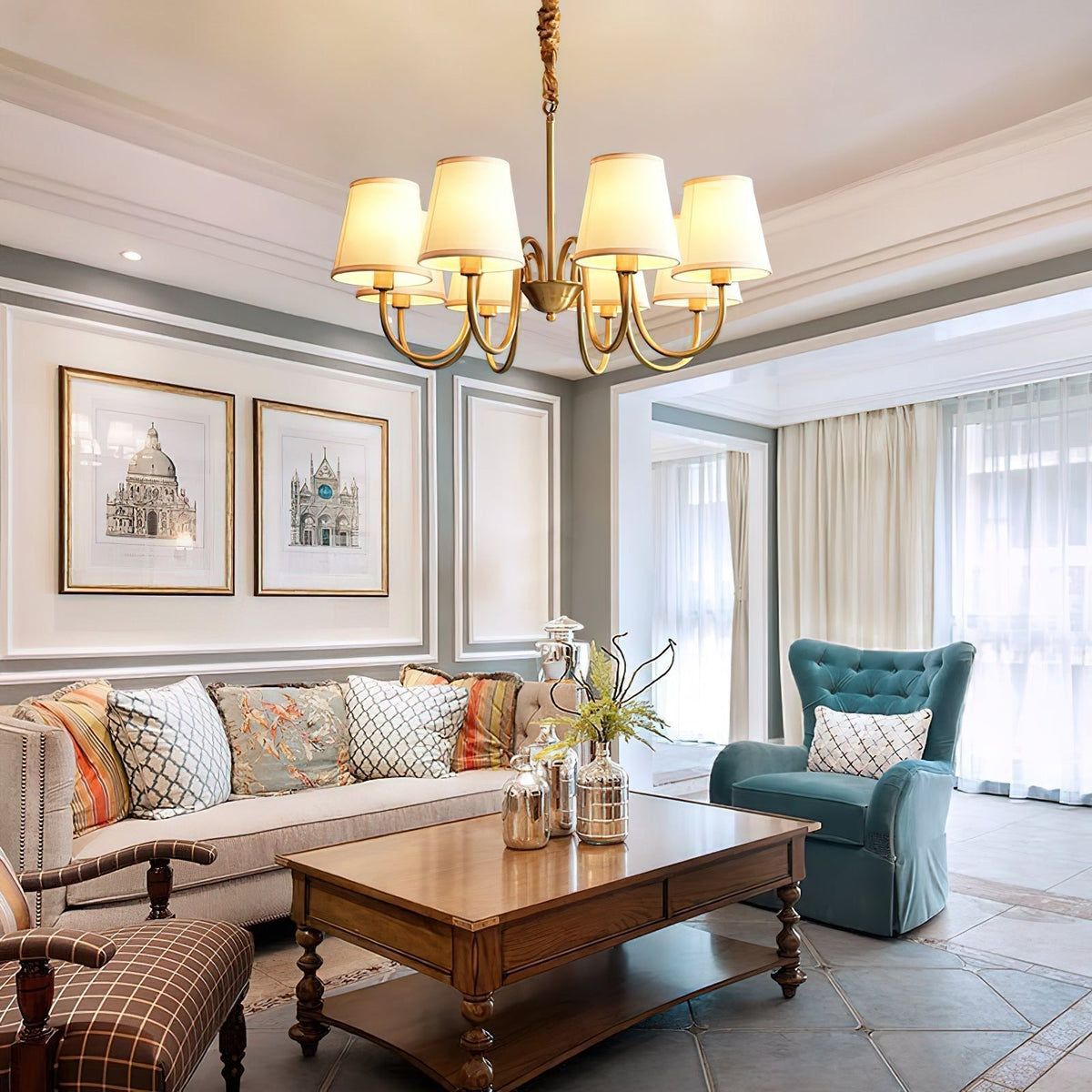 Classic Brass & Fabric Multi-Arm Hanging Fixture for Dining Room, Foyer & Living Space | Thomler