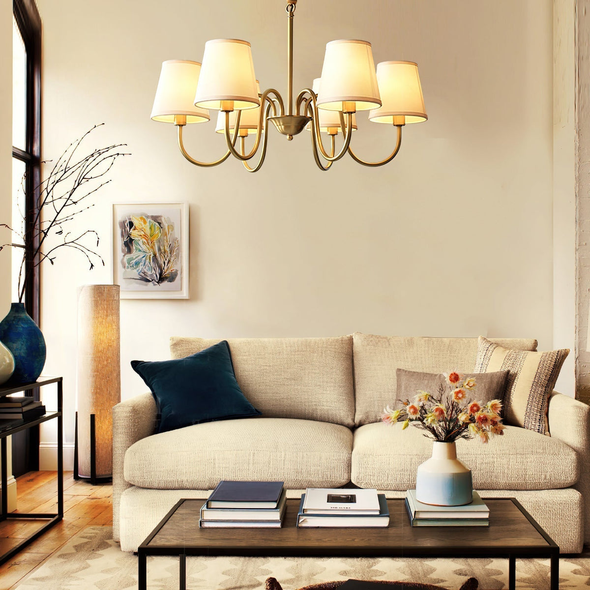 Classic Brass & Fabric Multi-Arm Hanging Fixture for Dining Room, Foyer & Living Space | Thomler
