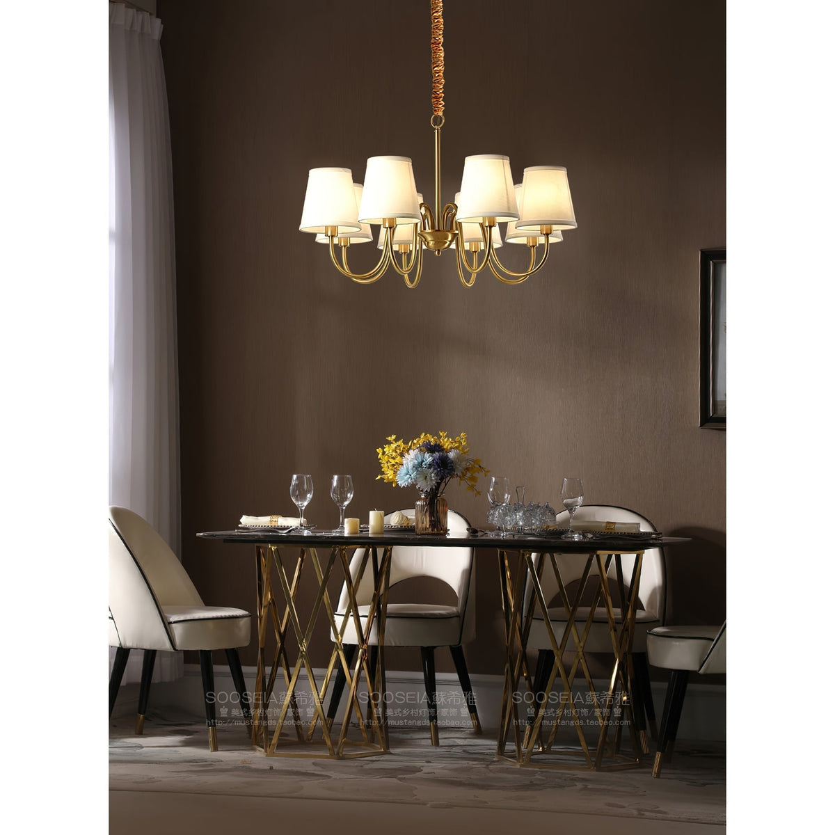 Classic Brass & Fabric Multi-Arm Hanging Fixture for Dining Room, Foyer & Living Space | Thomler