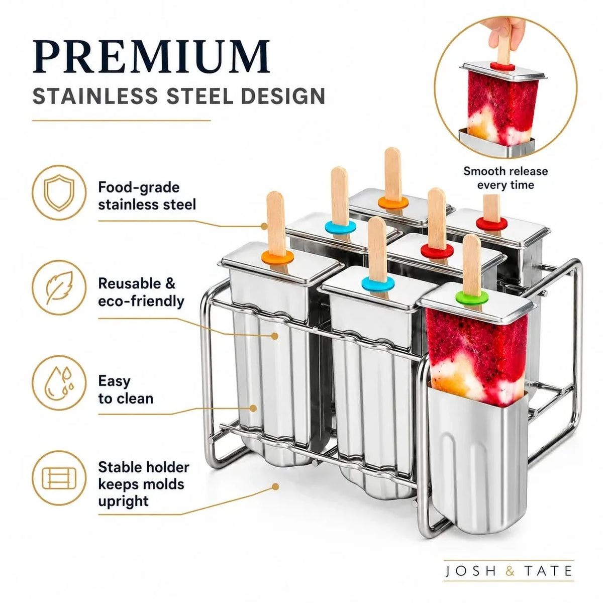 Reusable Metal Ice Pop Maker with Stand – Food-Grade Freezer Mold Kit for Kids & Adults | Thomler