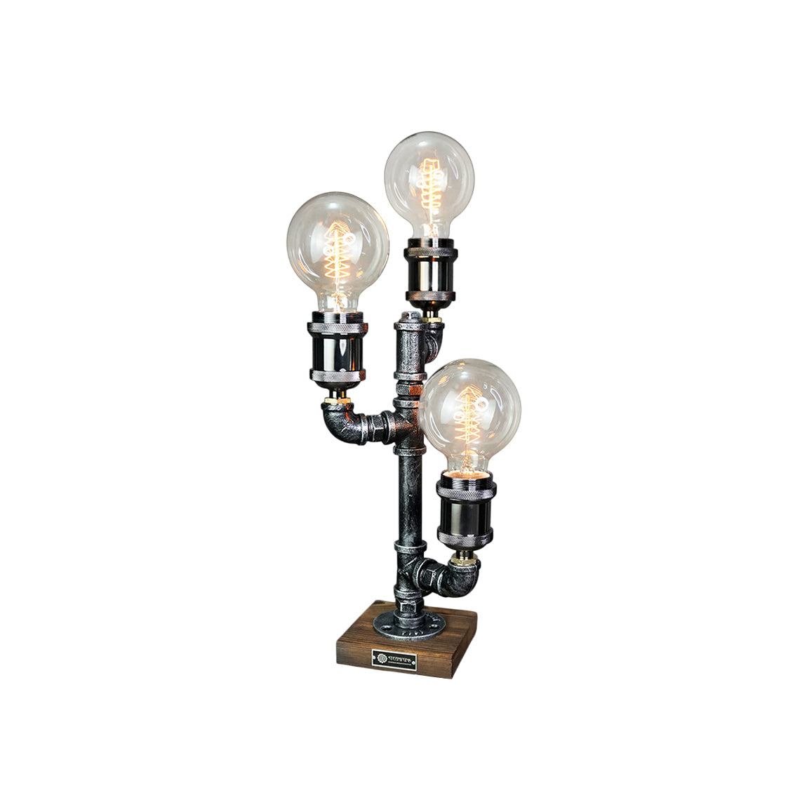 Industrial Metal Pipe Desk Lamp with Wood Base – Vintage Loft Accent Light – 1 to 3 Edison Sockets – Rustic Retro Bedroom Office | Thomler