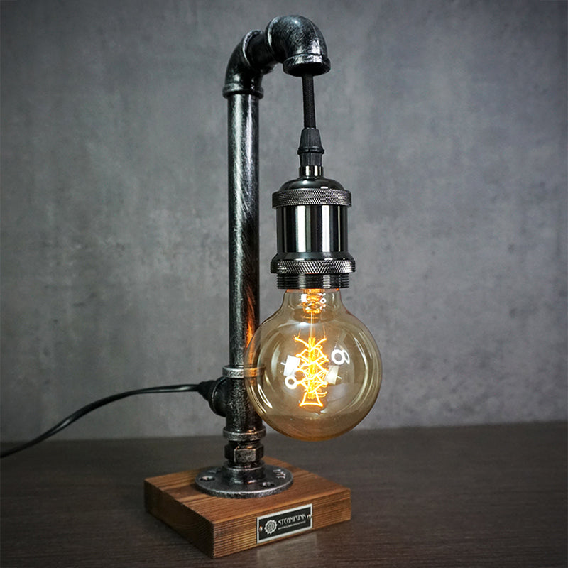 Industrial Metal Pipe Desk Lamp with Wood Base – Vintage Loft Accent Light – 1 to 3 Edison Sockets – Rustic Retro Bedroom Office | Thomler