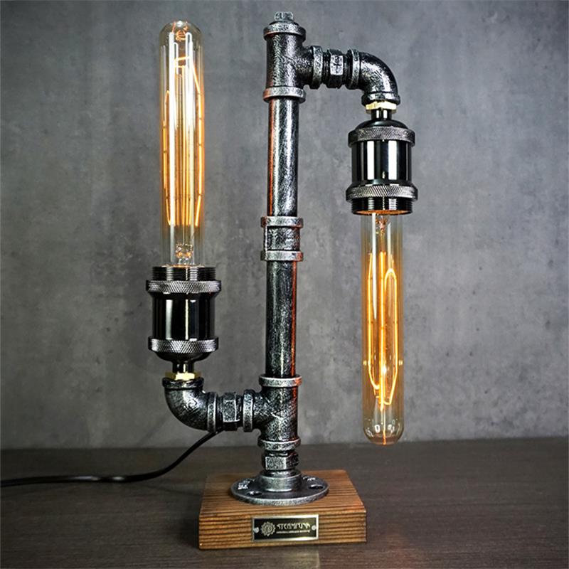 Industrial Metal Pipe Desk Lamp with Wood Base – Vintage Loft Accent Light – 1 to 3 Edison Sockets – Rustic Retro Bedroom Office | Thomler