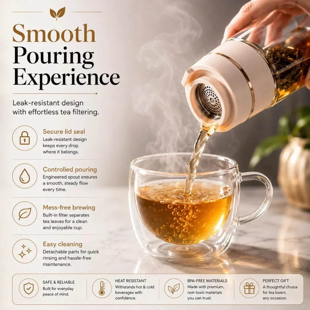 Dual-Chamber Glass Tea Infuser Bottle with Stainless Filter – Leak-Proof Travel Tumbler for Loose Leaf Tea & Herbal Infusions | Thomler